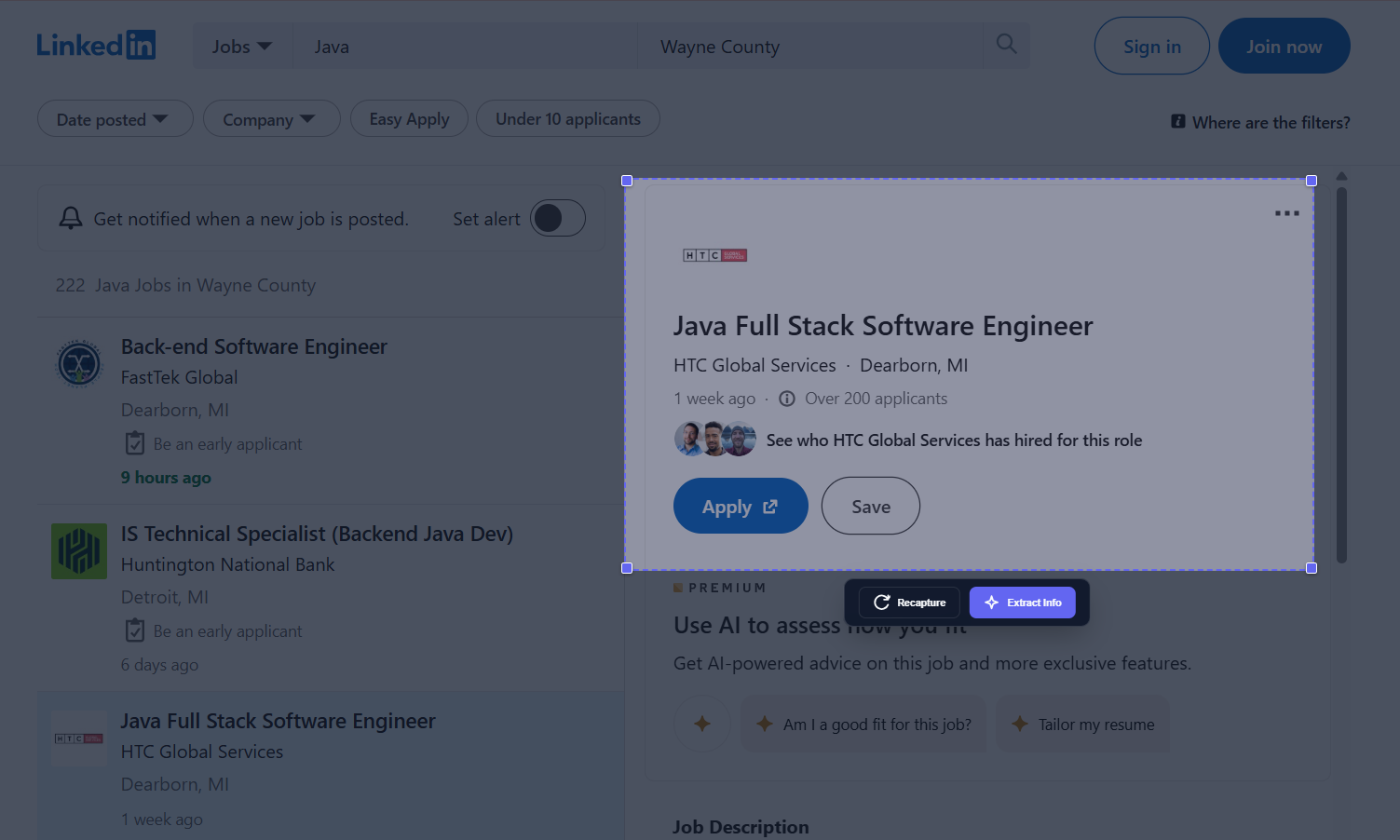 Candidex capture overlay with a selection box around a job posting and Extract Info button