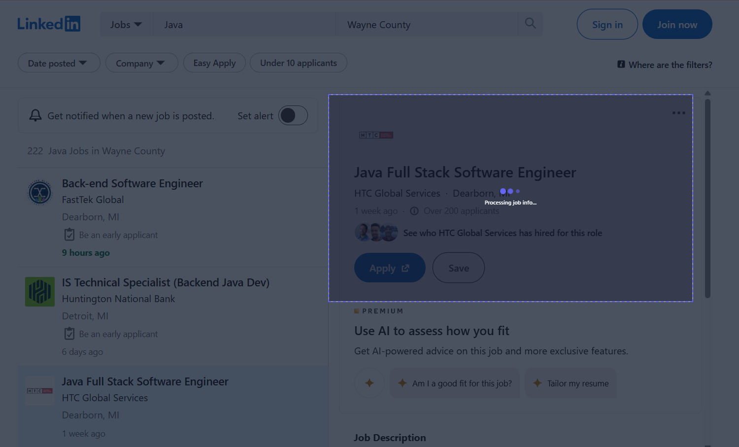 Candidex processing overlay while AI extracts job information