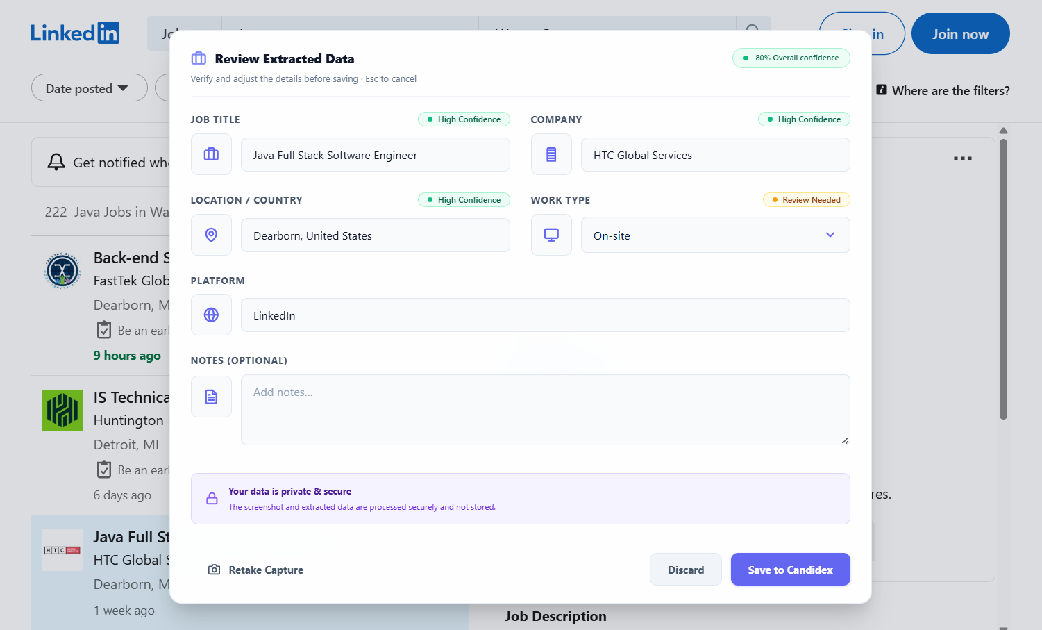 Candidex review card showing job title, company, location, and work type filled in by AI with confidence badges