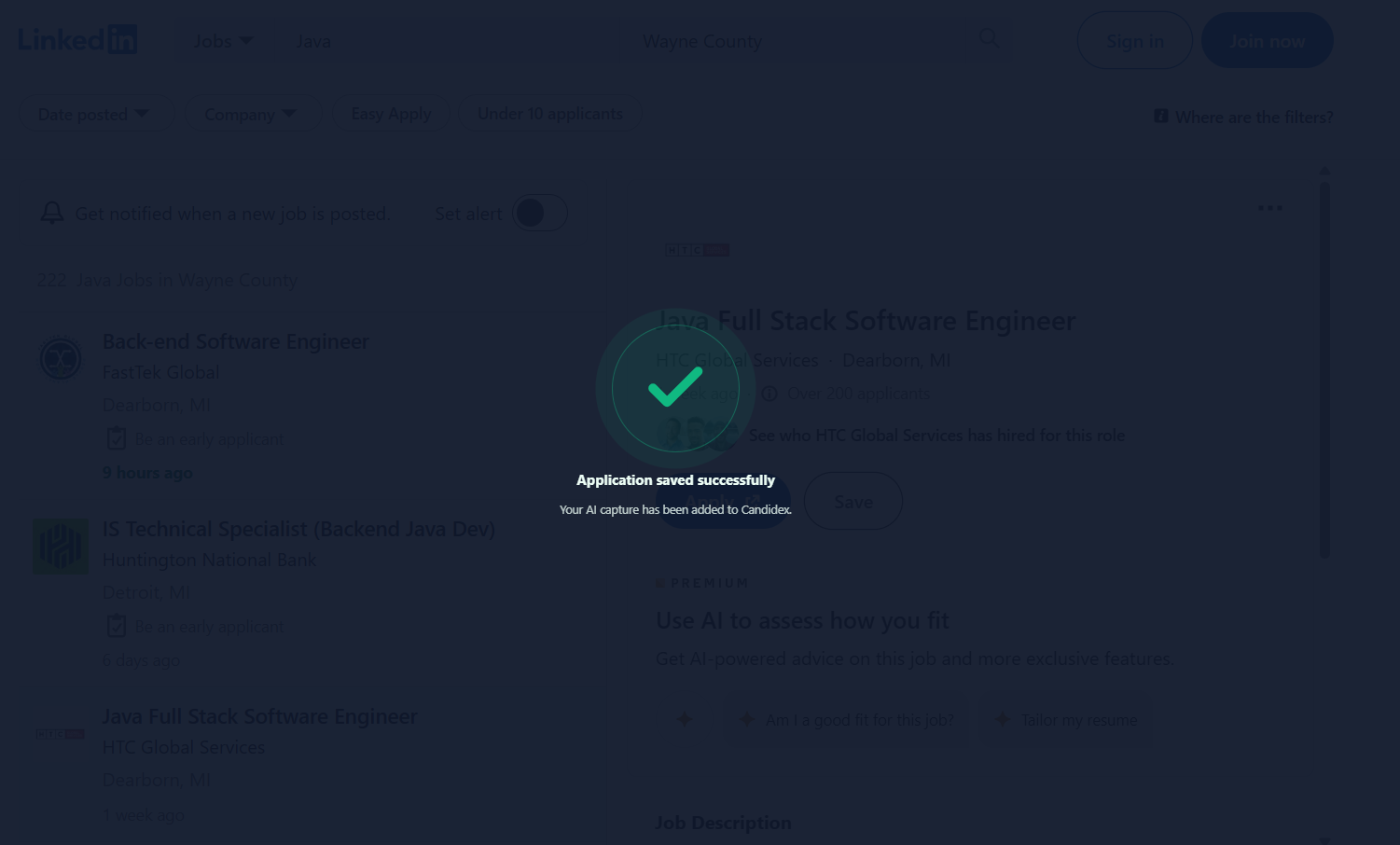 Candidex success confirmation after an AI capture is saved