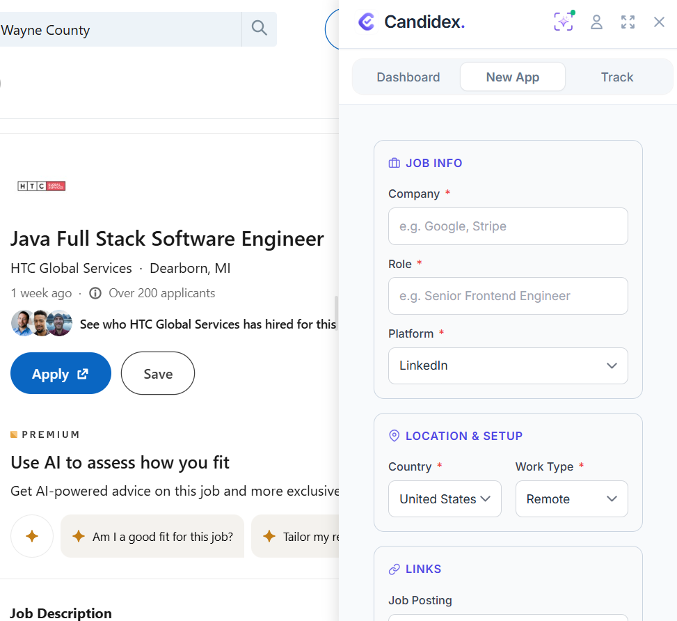 Candidex New App form open beside a LinkedIn job listing, with fields for company, role, platform, country, and work type